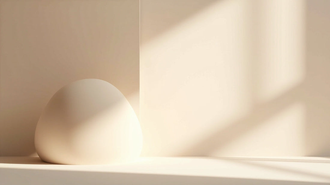 Minimalist beige egg-shaped decor on a sunlit shelf with soft shadows