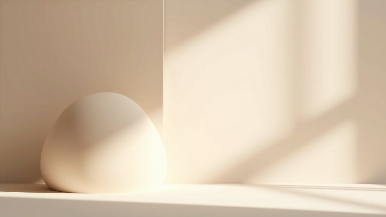 Minimalist beige egg-shaped decor on a sunlit shelf with soft shadows