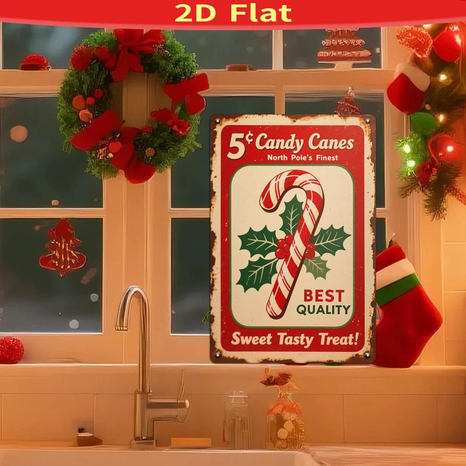 Vintage Christmas tin sign with candy cane and holly, holiday kitchen decor, festive kitchen window.