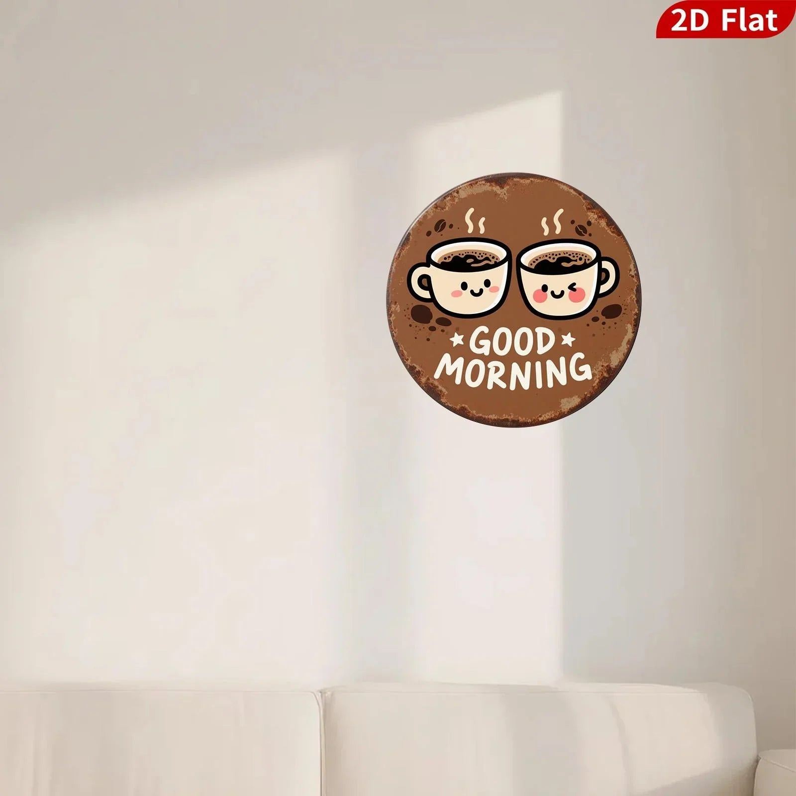 Vintage tin sign with cute coffee mugs and 'Good Morning' text on a white wall above sofa