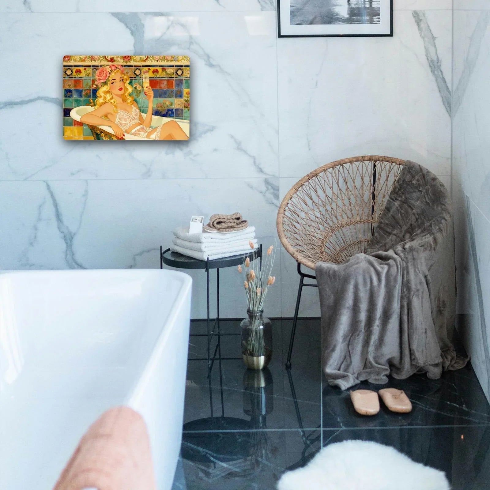 Vintage pin-up girl tin sign decor on marble bathroom wall with modern cozy furnishings