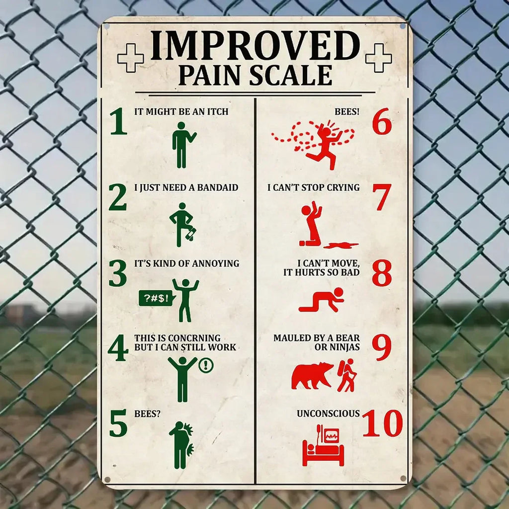 Funny vintage tin sign with improved pain scale and humorous illustrations, outdoor fence background