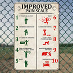Funny vintage tin sign with improved pain scale and humorous illustrations, outdoor fence background