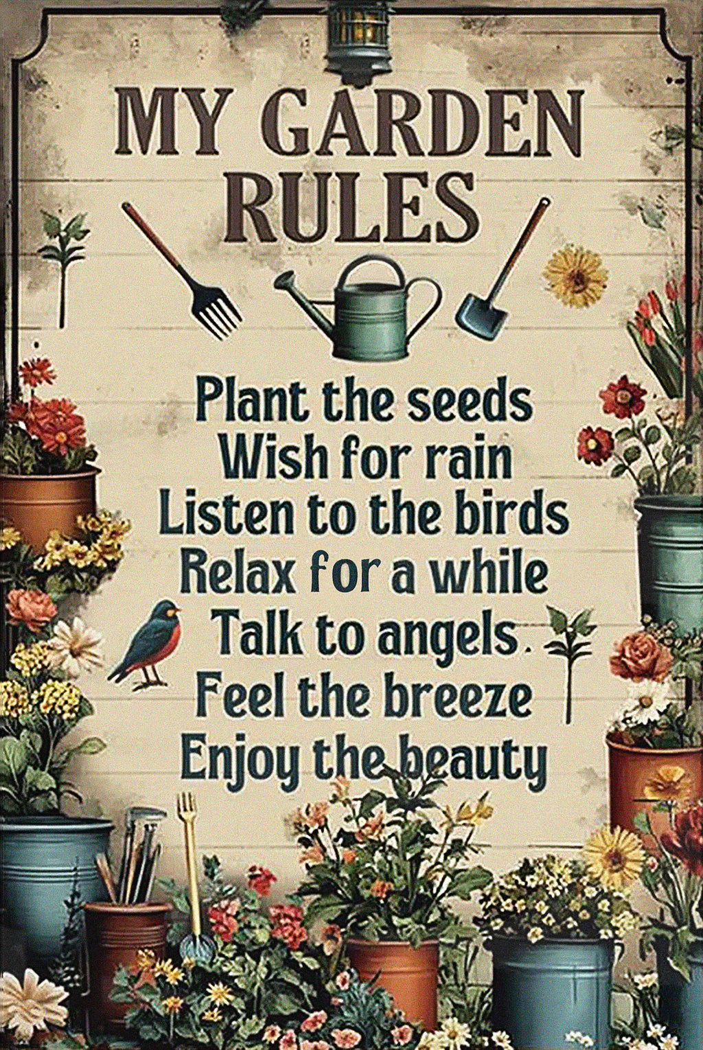 Gartenschild rustikal braun mit Blumen- und Vogelmotiv und inspirierenden Zitaten zum Aufhängen…