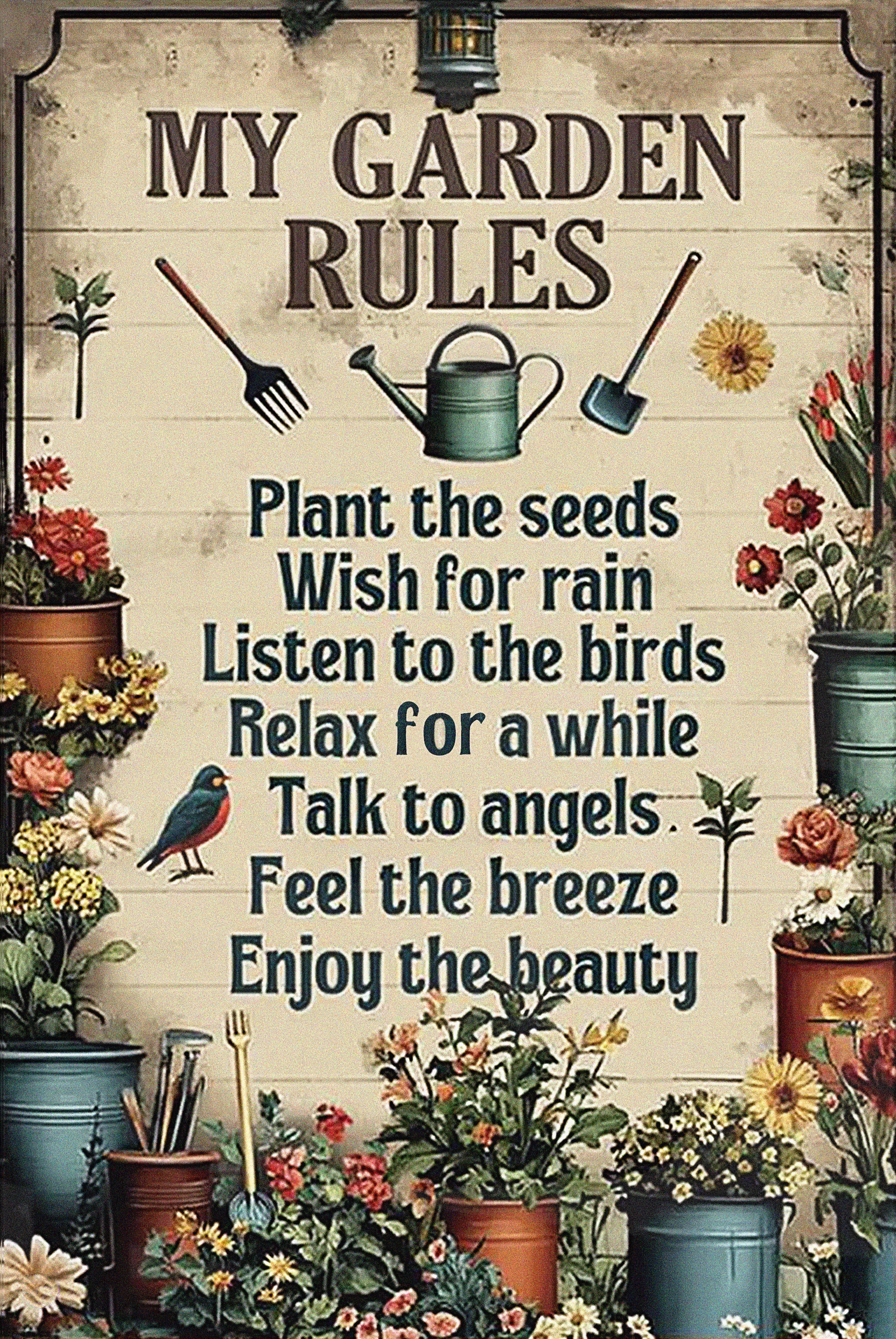 Garden Rules Sign Board Rustic Brown with Floral & Bird Motif Inspirational Quotes Uplifting Gift for Gardeners Nature Lovers & Backyard Hosts Charming Outdoor Decor for Patio or Garden Gate