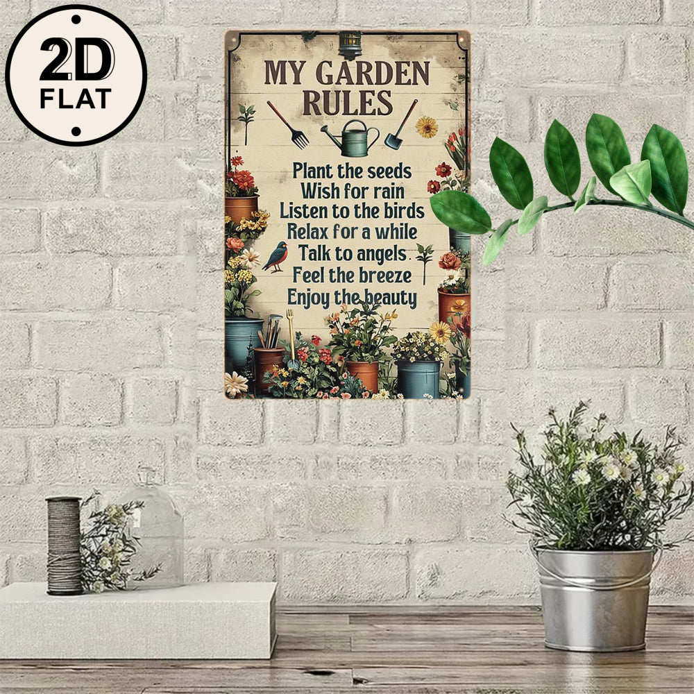 Garden Rules Sign Board Rustic Brown with Floral & Bird Motif Inspirational Quotes Uplifting Gift for Gardeners Nature Lovers & Backyard Hosts Charming Outdoor Decor for Patio or Garden Gate
