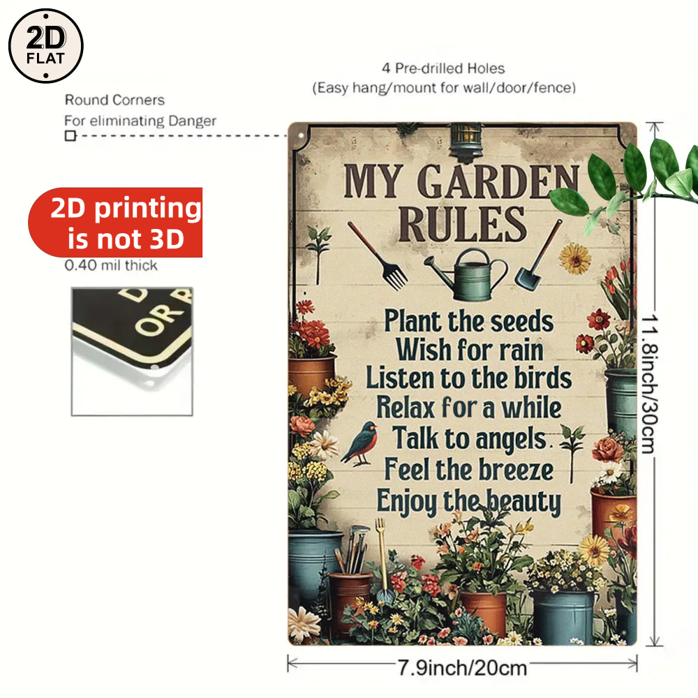 Garden Rules Sign Board Rustic Brown with Floral & Bird Motif Inspirational Quotes Uplifting Gift for Gardeners Nature Lovers & Backyard Hosts Charming Outdoor Decor for Patio or Garden Gate