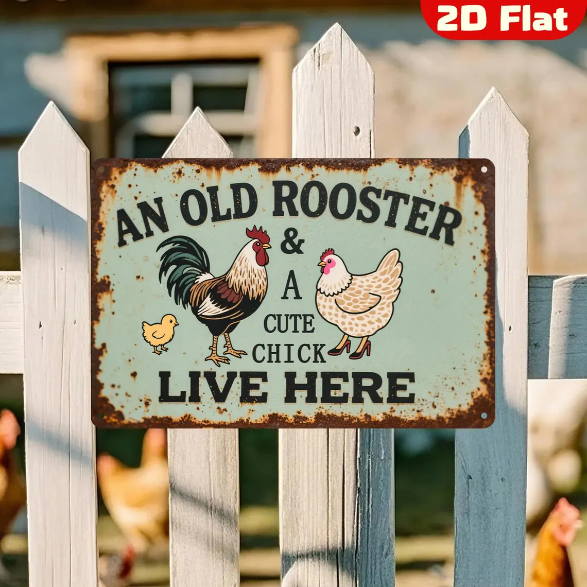 Farmhouse Rooster and Hen Metal Sign (8x12) - Funny Kitchen Wall Decor | Charming Gift for Home Cooks & Country Style Lovers | Rustic Farmhouse Kitchen Art