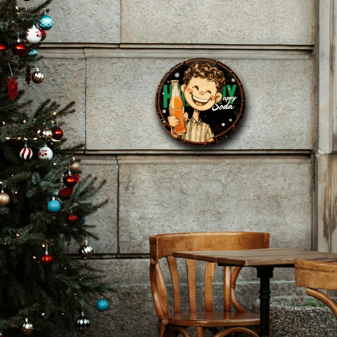 Retro Round Metal Sign Happy Soda Boy with Bottle & Snowflakes Print Black Vintage Wall Decor Nostalgic Gift for Soda Lovers Retro Collectors & Holiday Enthusiasts Festive Kitchen or Bar Art