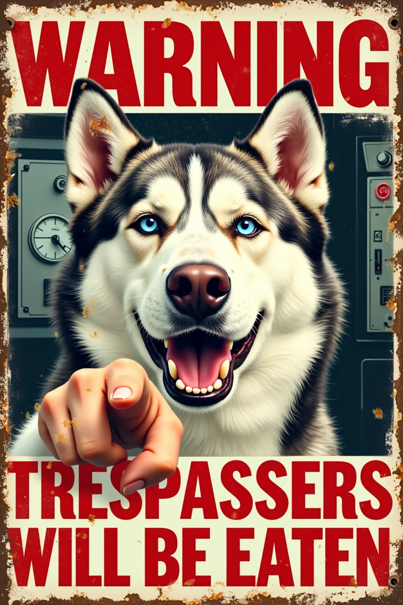 Rustic Metal Warning Sign "Trespassers Will Be Eaten" with Husky Dog Graphic Bold Red Text Outdoor Decor Humorous Security Sign for Dog Lovers Husky Owners Playful Gift for Pet Parents Gardeners Home Defenders