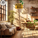 Vintage tin sign with 'POZOR! PES' in cozy sunlit living room, rustic decor, plants, wood accents