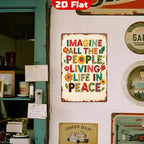 Vintage tin sign with colorful peace quote, retro wall decor in a home setting