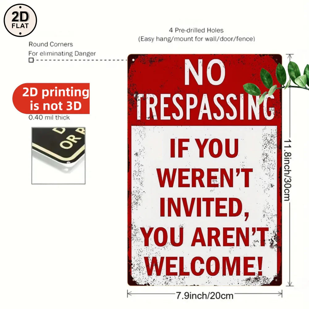 Vintage metal no trespassing sign with bold red and white text, 2D flat, wall decor, 20x30cm
