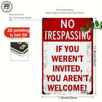 Vintage metal no trespassing sign with bold red and white text, 2D flat, wall decor, 20x30cm