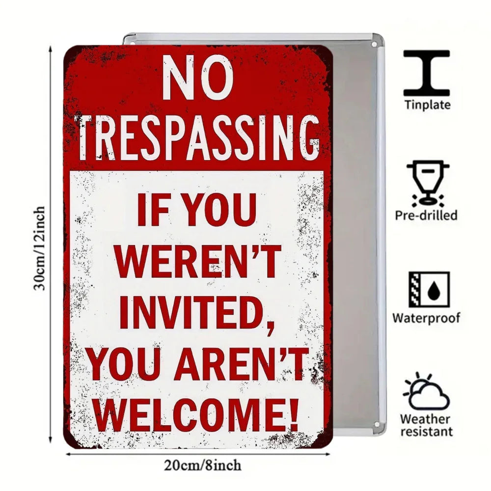 No trespassing vintage tin sign, red and white, waterproof, weather resistant, 12x8 inch decor