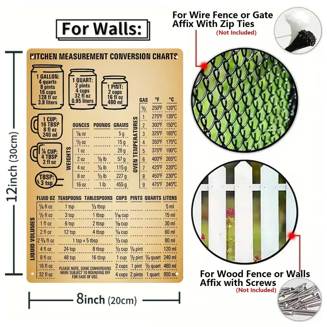 Vintage metal kitchen measurement conversion chart tin sign, 12x8 inches, wall mounting tips.