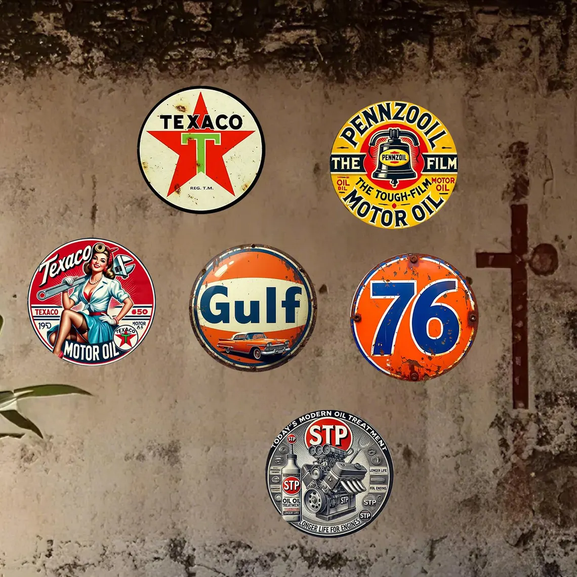 Vintage Gas & Oil Metal Sign Set Texaco Gulf Pennzoil Classic Reproduction Perfect Gift for Car Enthusiasts Mechanics & Vintage Collectors Retro Garage Wall Decor for Man Cave or Workshop