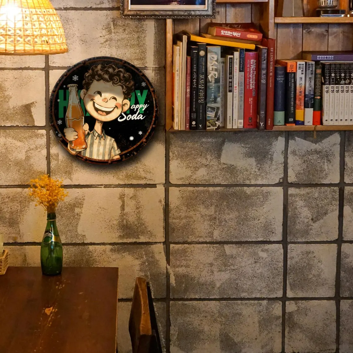 Retro Round Metal Sign Happy Soda Boy with Bottle & Snowflakes Print Black Vintage Wall Decor Nostalgic Gift for Soda Lovers Retro Collectors & Holiday Enthusiasts Festive Kitchen or Bar Art