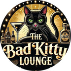 Vintage tin sign with black cat, martini glass, liquor bottles, and 'The Bad Kitty Lounge' text