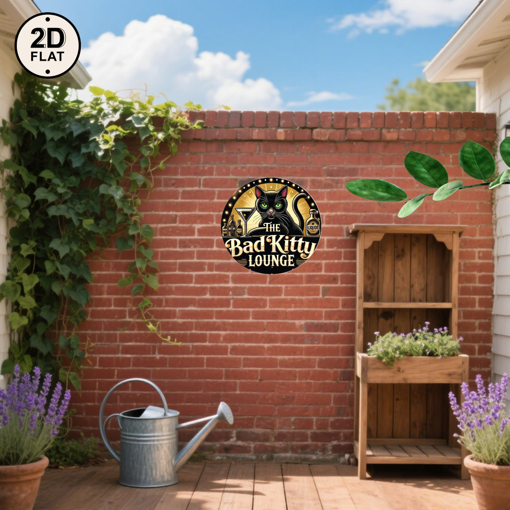 2D Flat Circle Sign "The Bad Kitty Lounge" with Cat Martini & Liquor Bottles Playful Bar Party Decor Edgy Gift for Cat Lovers Cocktail Enthusiasts Nightlife Fans Bold Wall Art for Home Bar or Game Room
