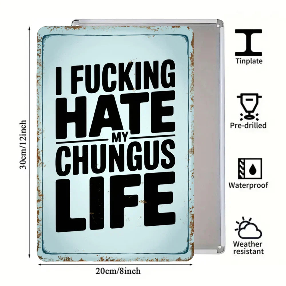 Funny vintage tin sign with bold text, 30cm by 20cm, pre-drilled and weatherproof.
