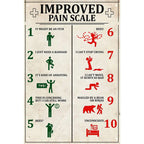 Funny vintage tin sign with illustrated improved pain scale chart, humorous home decor.