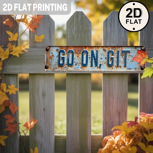 2D Flat Rustic Blue Metal Sign "Go On Git" with Autumn Leaves Garden Fence & Outdoor Wall Art Playful Whimsical Gift for Friends Gardeners & Pet Lovers Humorous Home Decor for Porch Yard or Farmhouse Style Spaces