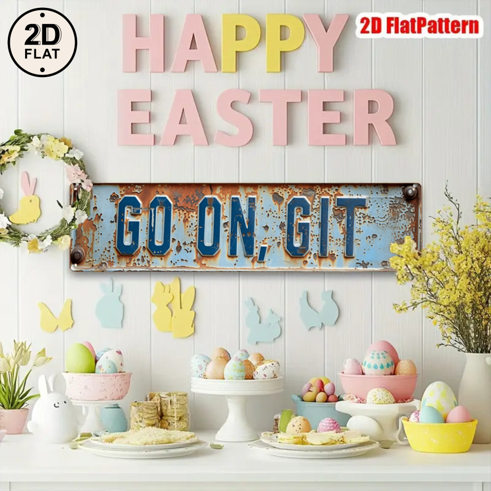 2D Flat Rustic Blue Metal Sign "Go On Git" with Autumn Leaves Garden Fence & Outdoor Wall Art Playful Whimsical Gift for Friends Gardeners & Pet Lovers Humorous Home Decor for Porch Yard or Farmhouse Style Spaces