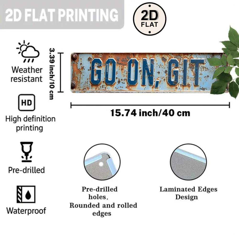 2D Flat Rustic Blue Metal Sign "Go On Git" with Autumn Leaves Garden Fence & Outdoor Wall Art Playful Whimsical Gift for Friends Gardeners & Pet Lovers Humorous Home Decor for Porch Yard or Farmhouse Style Spaces