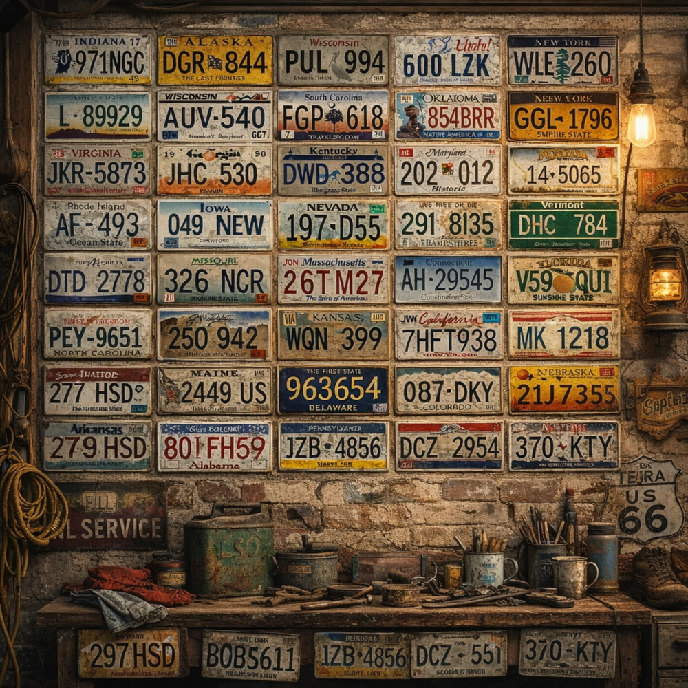 Vintage US State License Plate Decor Set (50-Pack) – 6x12” Embossed Metal Signs for Man Cave & Garage Decor