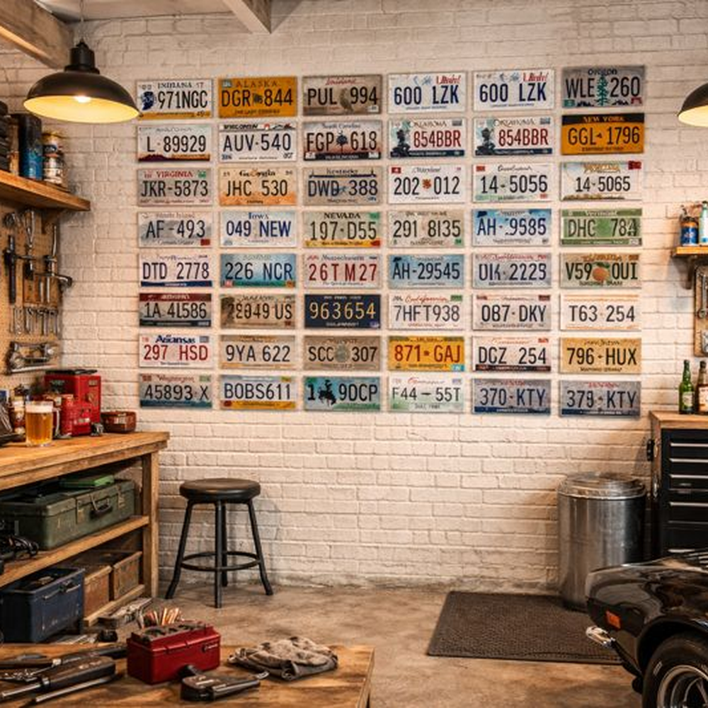 Vintage US State License Plate Decor Set (50-Pack) – 6x12” Embossed Metal Signs for Man Cave & Garage Decor