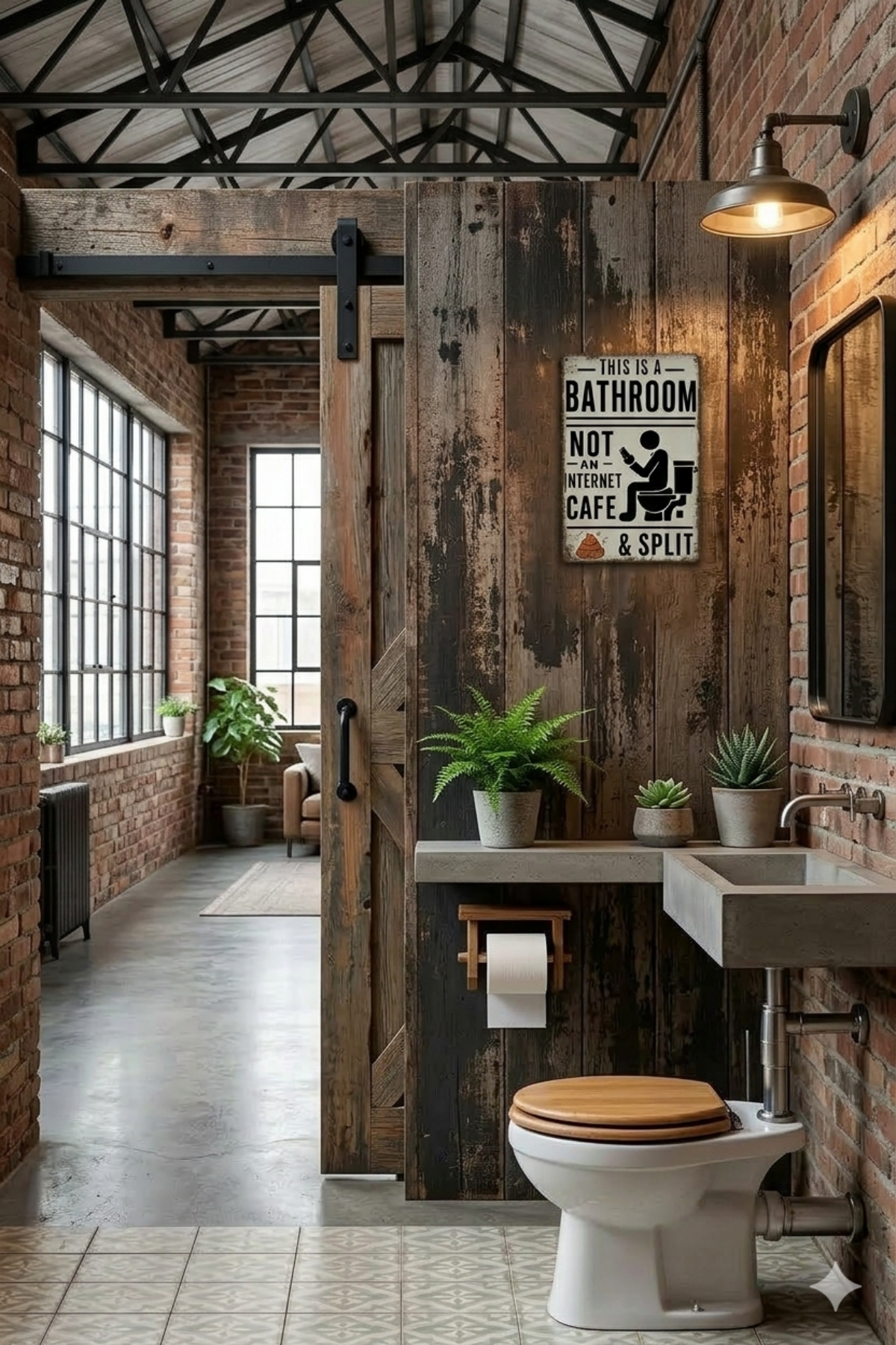 Vintage tin sign with humorous bathroom quote on rustic wood wall in industrial loft bathroom