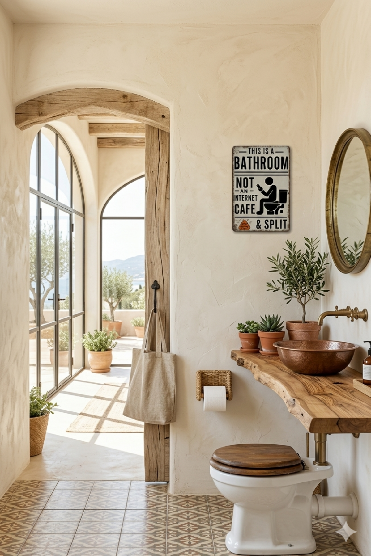 Rustic bathroom interior with vintage tin sign, wooden accents, potted plants, and patterned tile floor