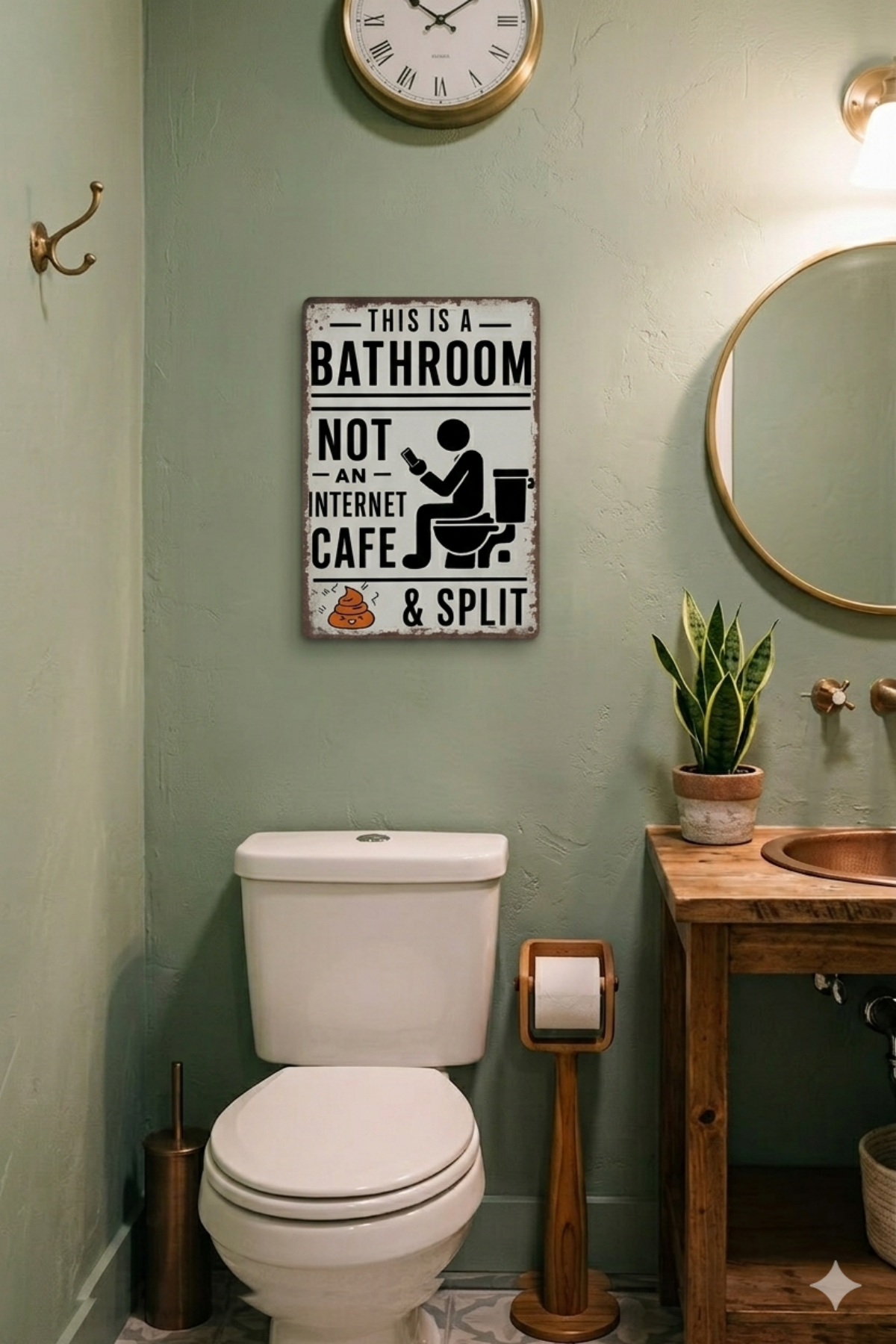 Funny vintage tin sign in bathroom with toilet, wooden sink, and wall clock decor