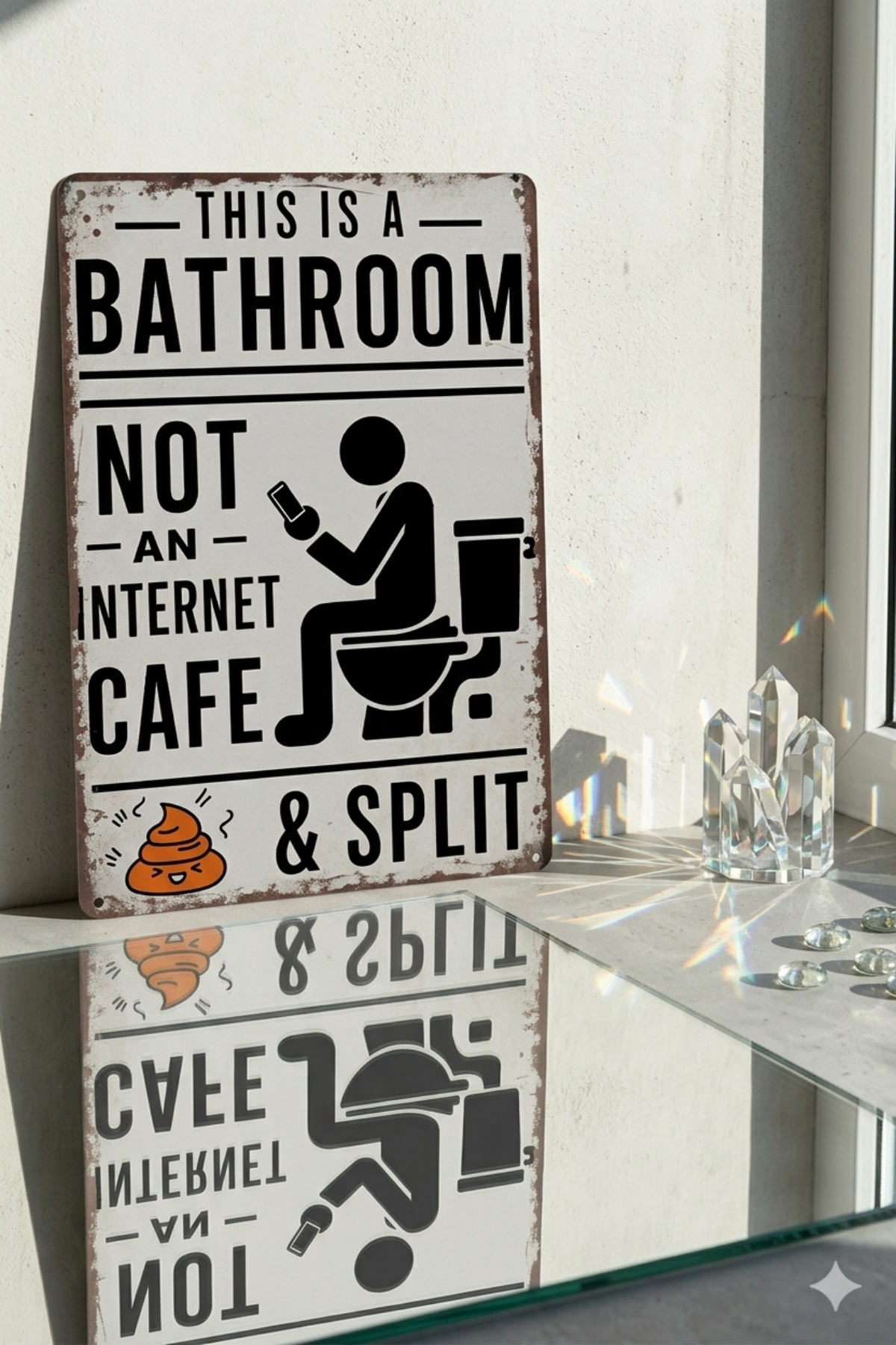 Funny vintage tin bathroom sign with stick figure on toilet, smartphone, and poop emoji