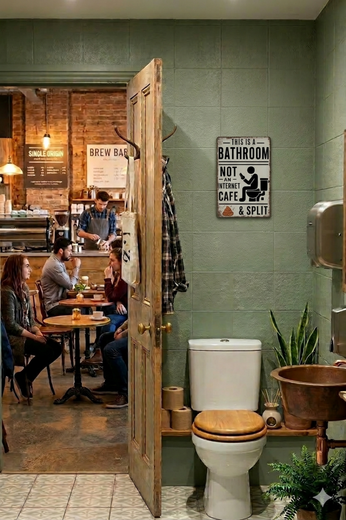Retro tin sign in cafe restroom with humorous bathroom quote, modern toilet, and rustic decor.