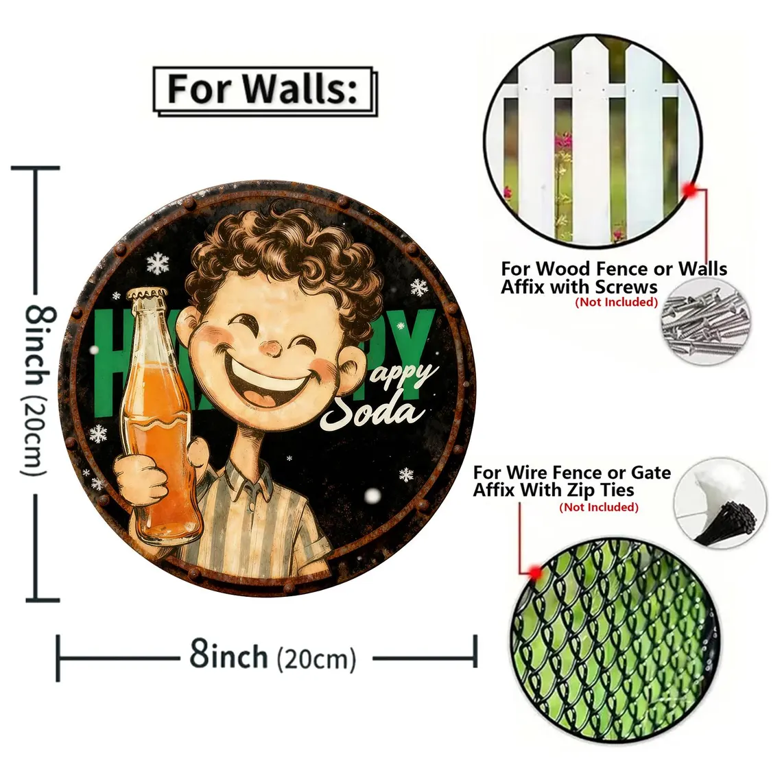 Retro Round Metal Sign Happy Soda Boy with Bottle & Snowflakes Print Black Vintage Wall Decor Nostalgic Gift for Soda Lovers Retro Collectors & Holiday Enthusiasts Festive Kitchen or Bar Art