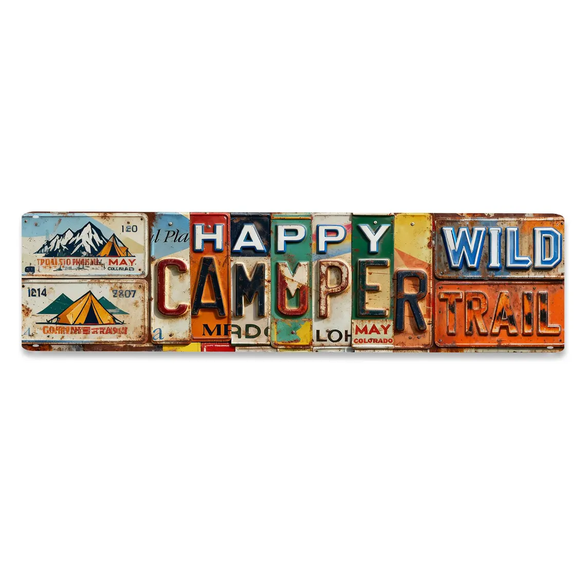 2D Flat-Print "Happy Camper" License Plate Style Metal Sign Autumn-Themed Garden Fence Art & Outdoor Decor Perfect Gift for Camping Enthusiasts RV Owners & Outdoor Families Seasonal Fall Decoration for Yard Patio or Cabin