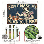 Vintage tin sign with retro woman cooking and text Don't Make Me Poison Your Food, 12x8 inches.