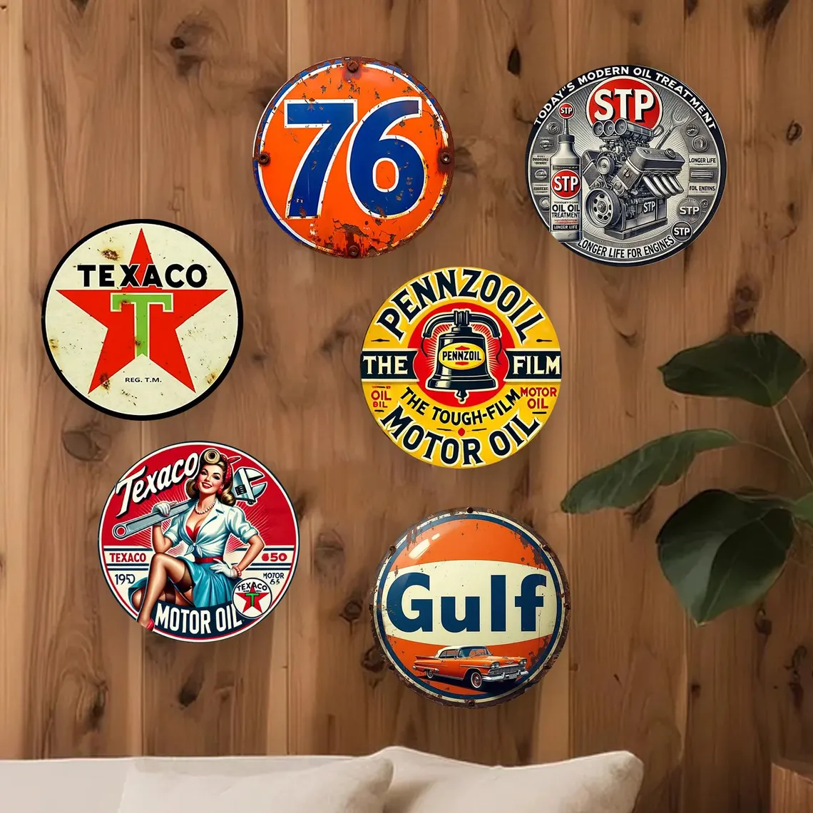 Vintage Gas & Oil Metal Sign Set Texaco Gulf Pennzoil Classic Reproduction Perfect Gift for Car Enthusiasts Mechanics & Vintage Collectors Retro Garage Wall Decor for Man Cave or Workshop