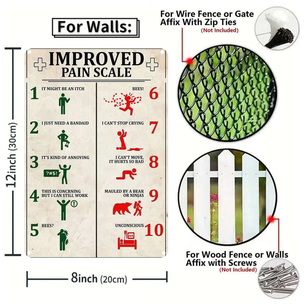 Vintage tin sign with humorous improved pain scale, 12x8 inch, wall mounting instructions included