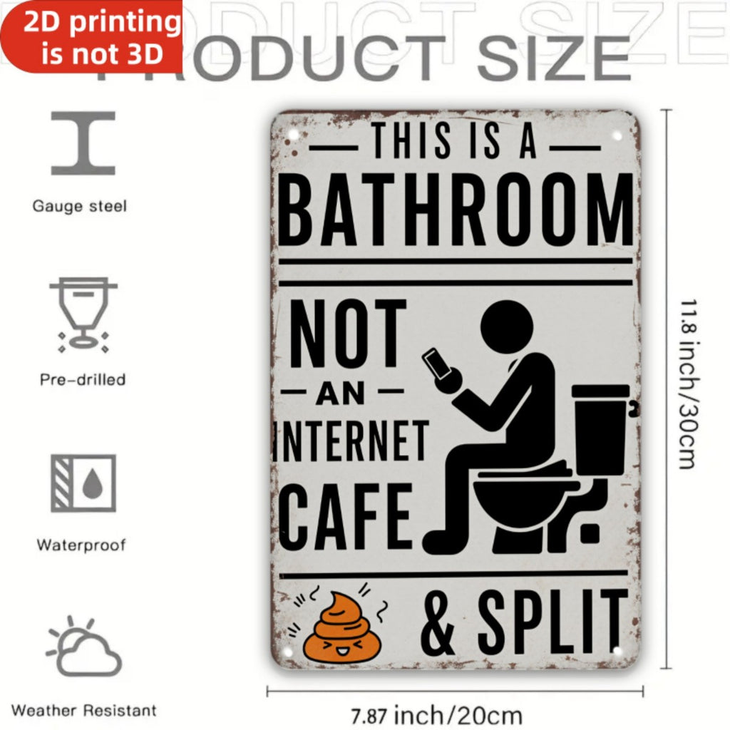 Funny vintage tin bathroom sign with text, stick figure on toilet, waterproof, 20x30cm.