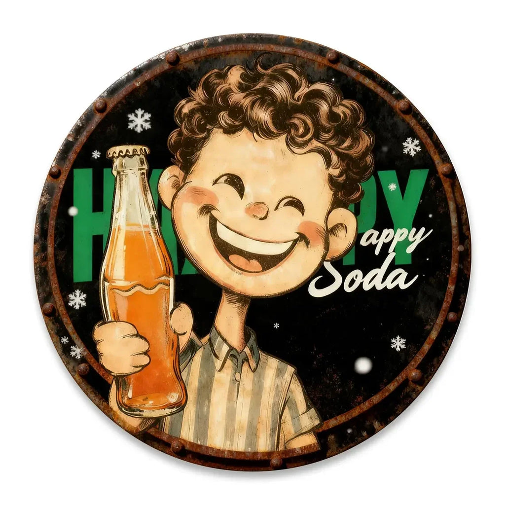 Retro Rundes Metallschild Fröhlicher Soda-Junge mit Flasche & Schneeflocken Aufdruck Schwarz Vintage Wand…