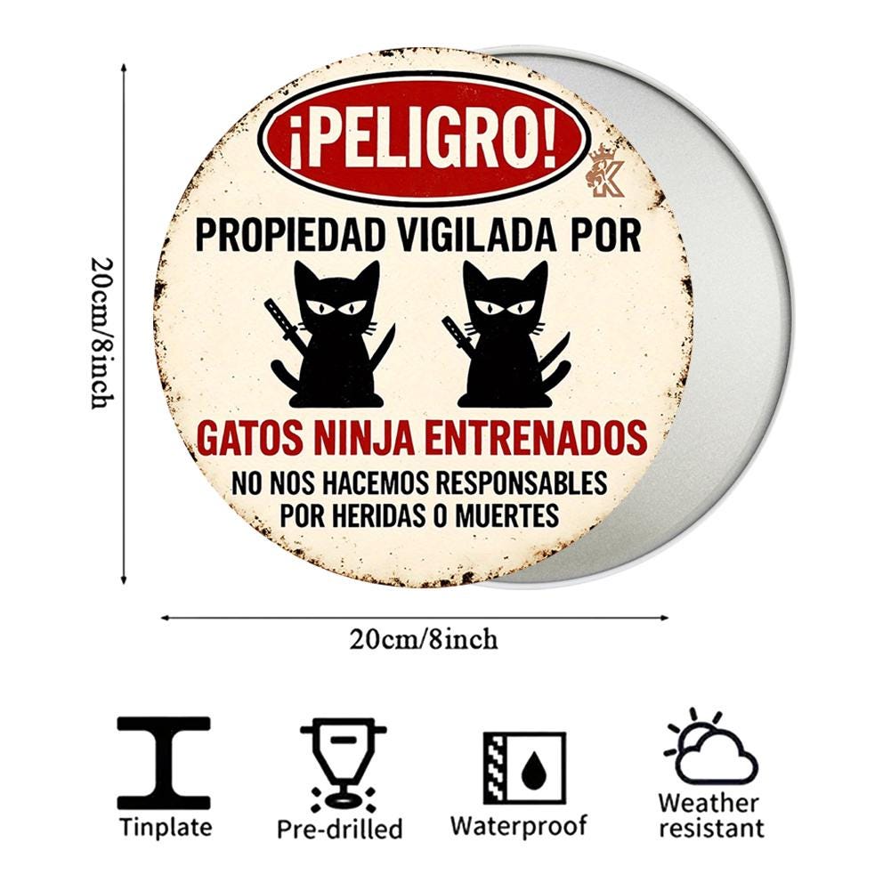 Lustiges Ninja-Katze-Warnschild | Neuheit Metall Blech Zuhause Sicherheit Deko Metallschild