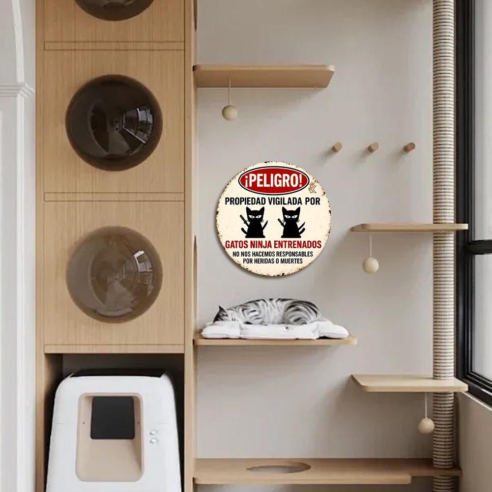 Lustiges Ninja-Katze-Warnschild | Neuheit Metall Blech Zuhause Sicherheit Deko Metallschild