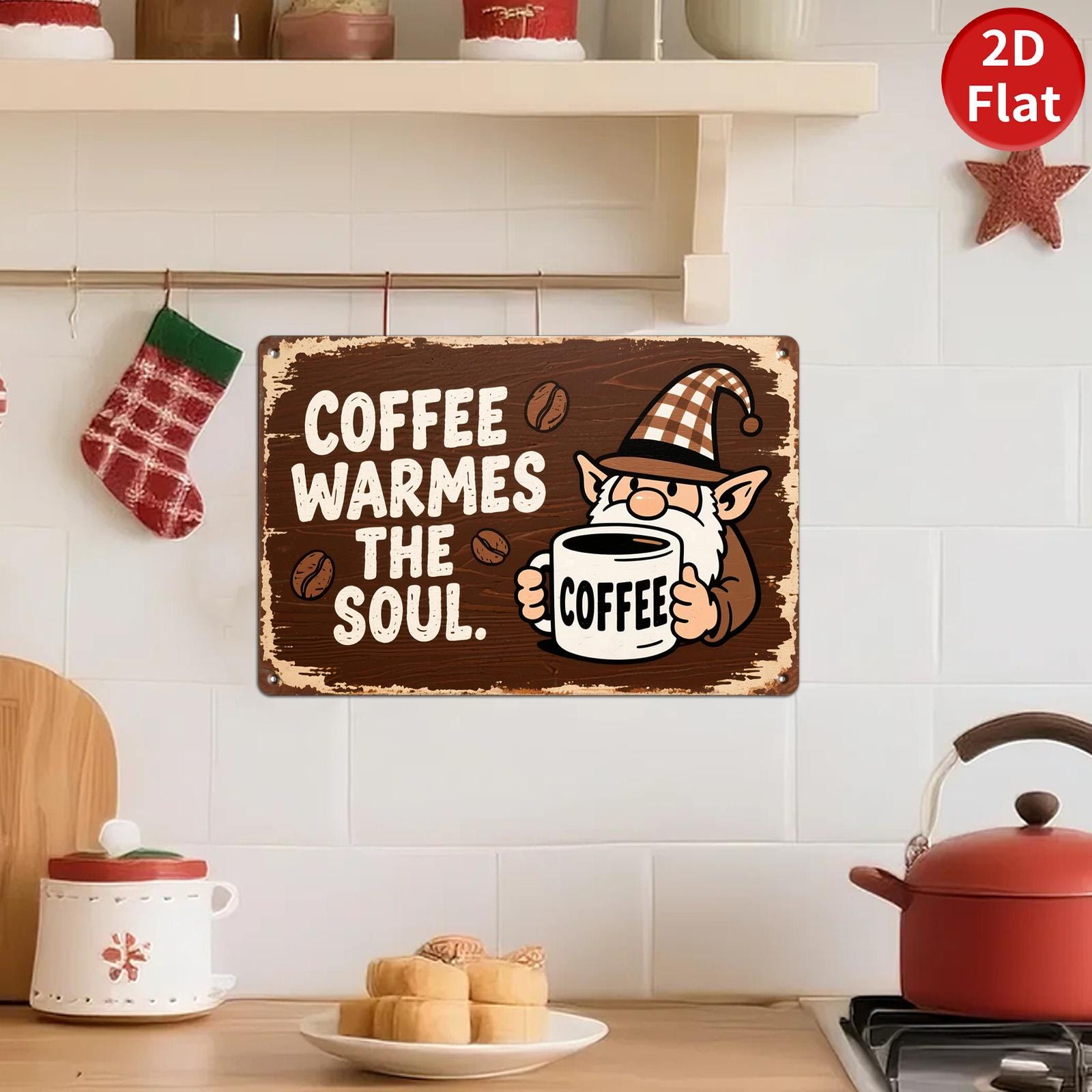 Vintage Elf Coffee Metal Sign: Rustic Cafe Kitchen Decor