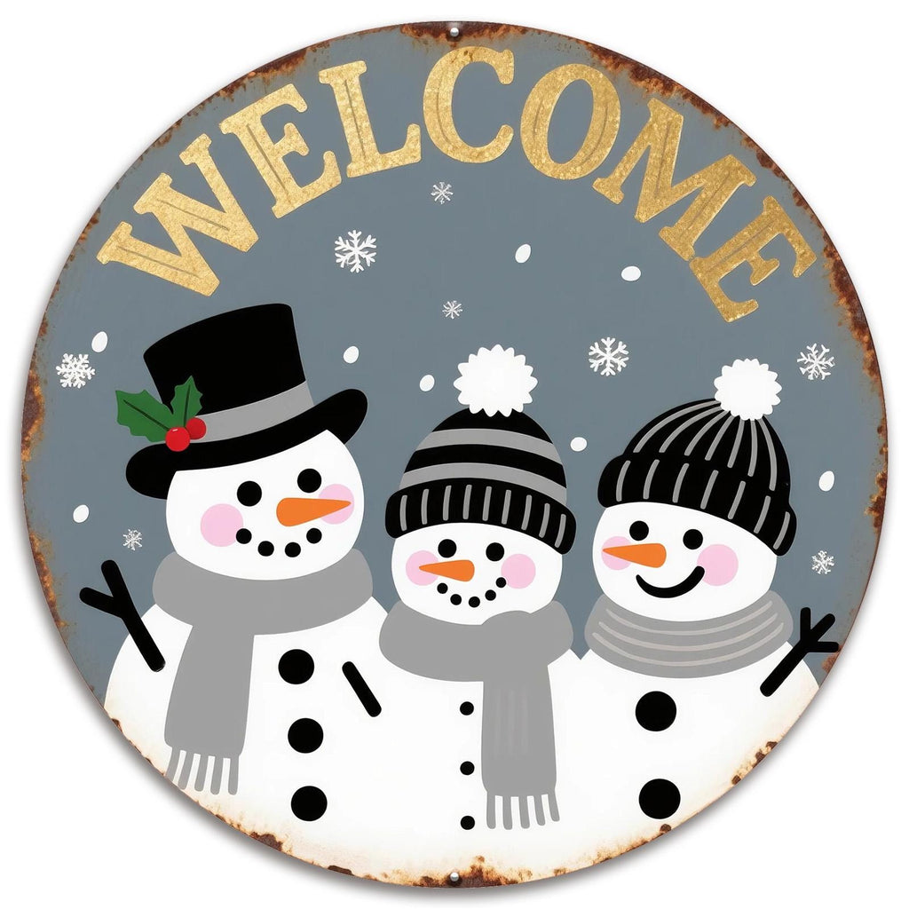 Panneau de bienvenue Hiver Bonhomme de neige | Décoration murale rustique en métal, Enseigne métallique de décoration de vacances