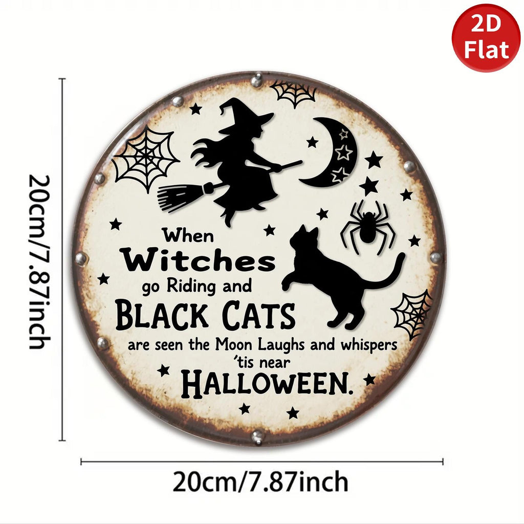 Pancarte métallique vintage d'Halloween | Décoration murale rustique Sorcière et chat