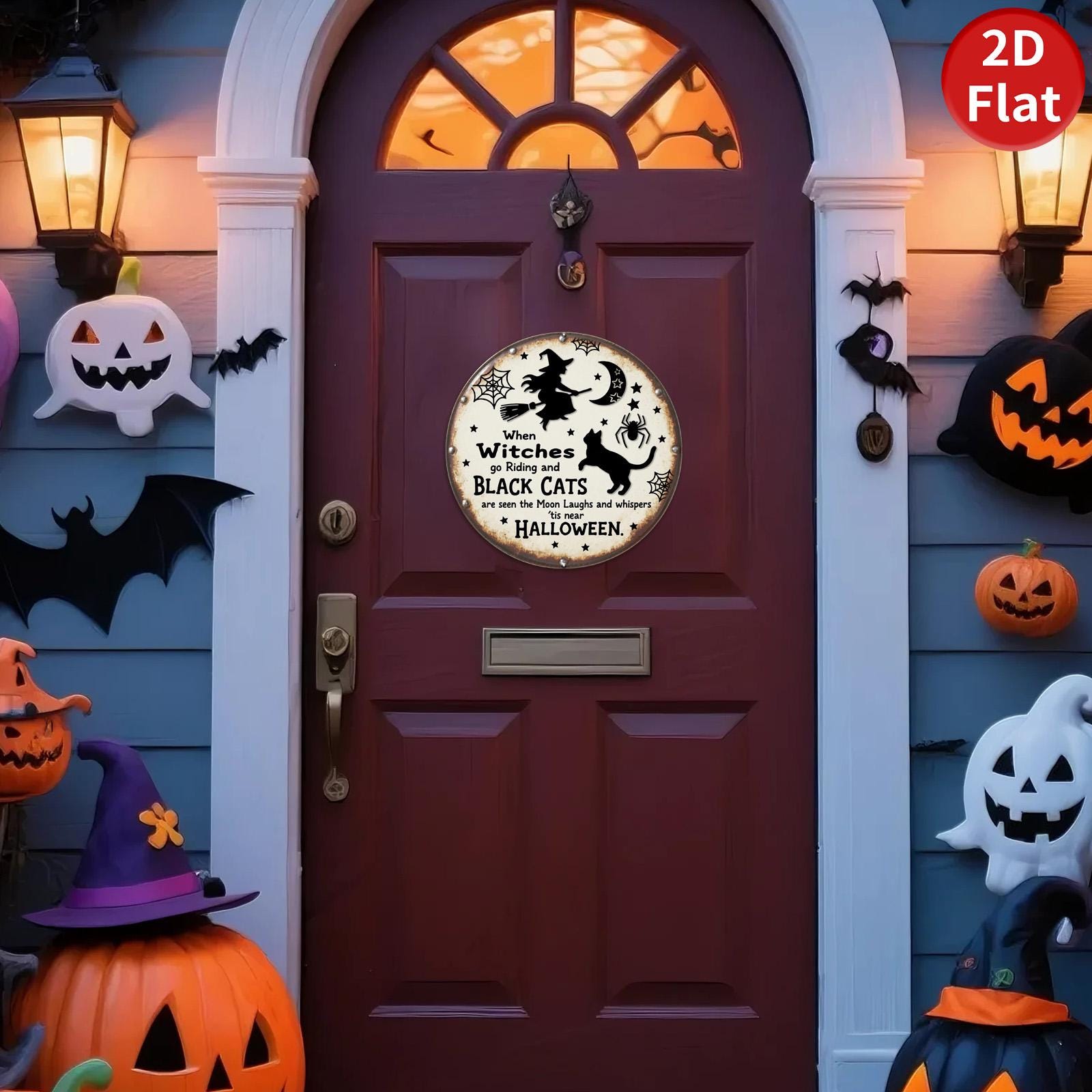 Vintage Halloween Metal Sign: Witch & Cat Rustic Wall Decor