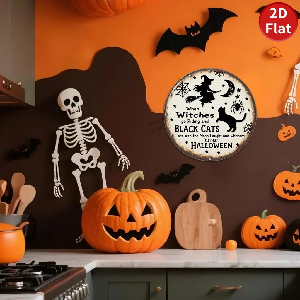 Pancarte métallique vintage d'Halloween | Décoration murale rustique Sorcière et chat